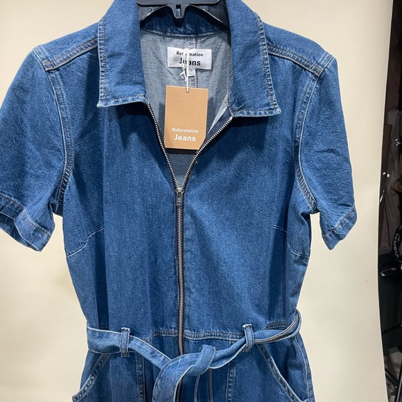 Reformation Pants - Reformation Cassidy Jumpsuit in Denim Blue Wide leg 10 belt